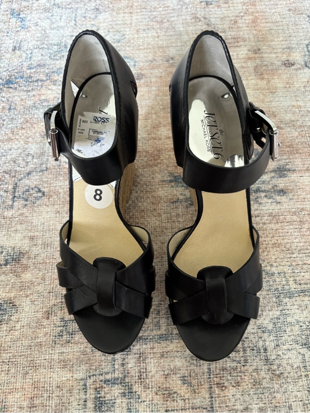 Michael Kors Black Leather Espadrille Wedge Sandals with Buckle - Picture 2 of 15